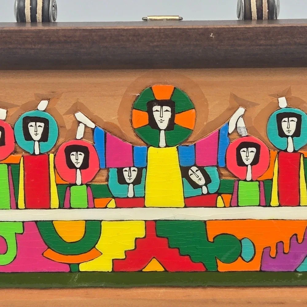 Latin American Folk Art Carved Wood The Last Supper Hand Painted Colorful MCM